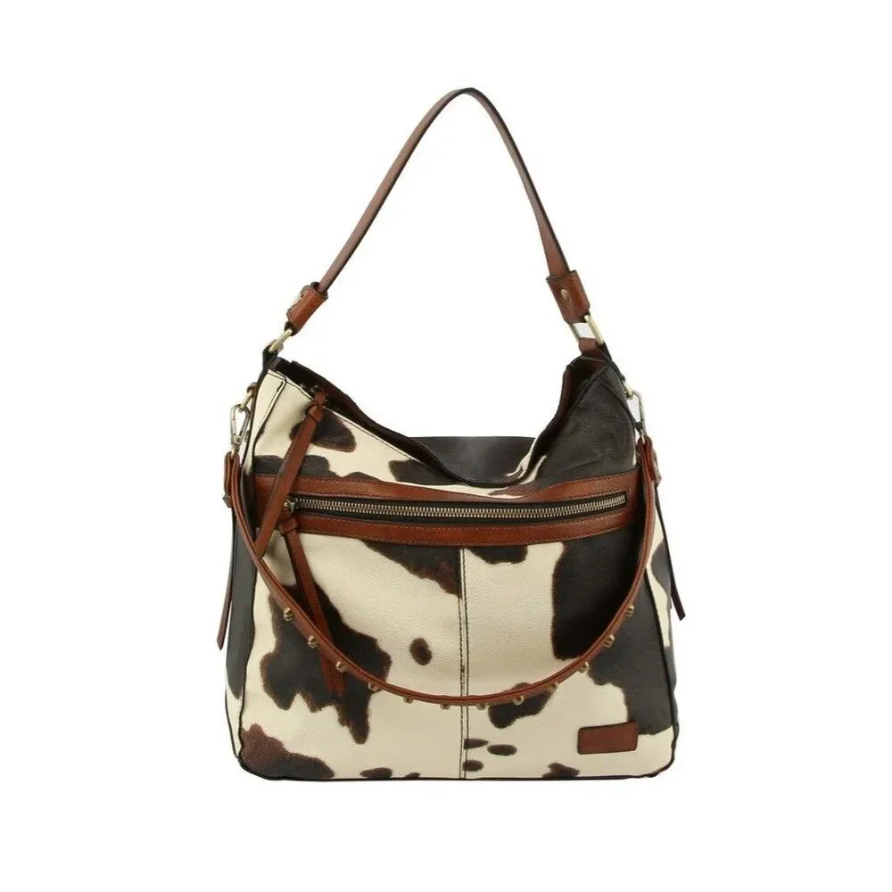 Women's Top Handle Cow Print Shoulder Bag With Studded Strap - Picture 2 of 2
